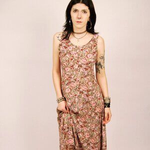90s Floral Tank Dress (S) All That Jazz small tan pink vintage maxi boho twee